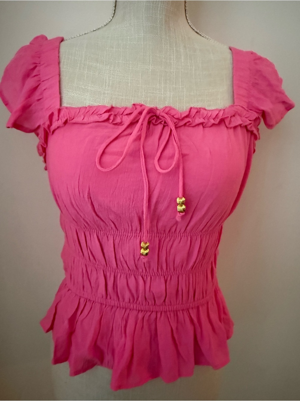Feminine Pink Ruffle Tie-Front Smocked Blouse